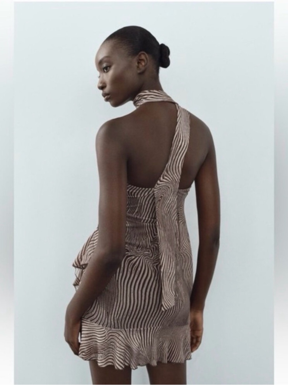 Sleeveless Brown Striped Halter Mini Dress